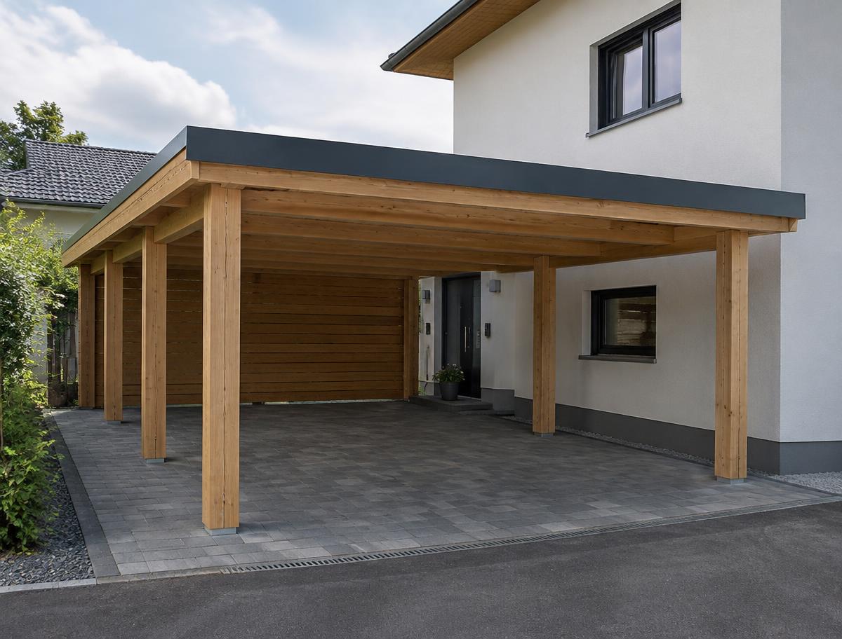 Modernes Holz-Carport neben einem Wohnhaus