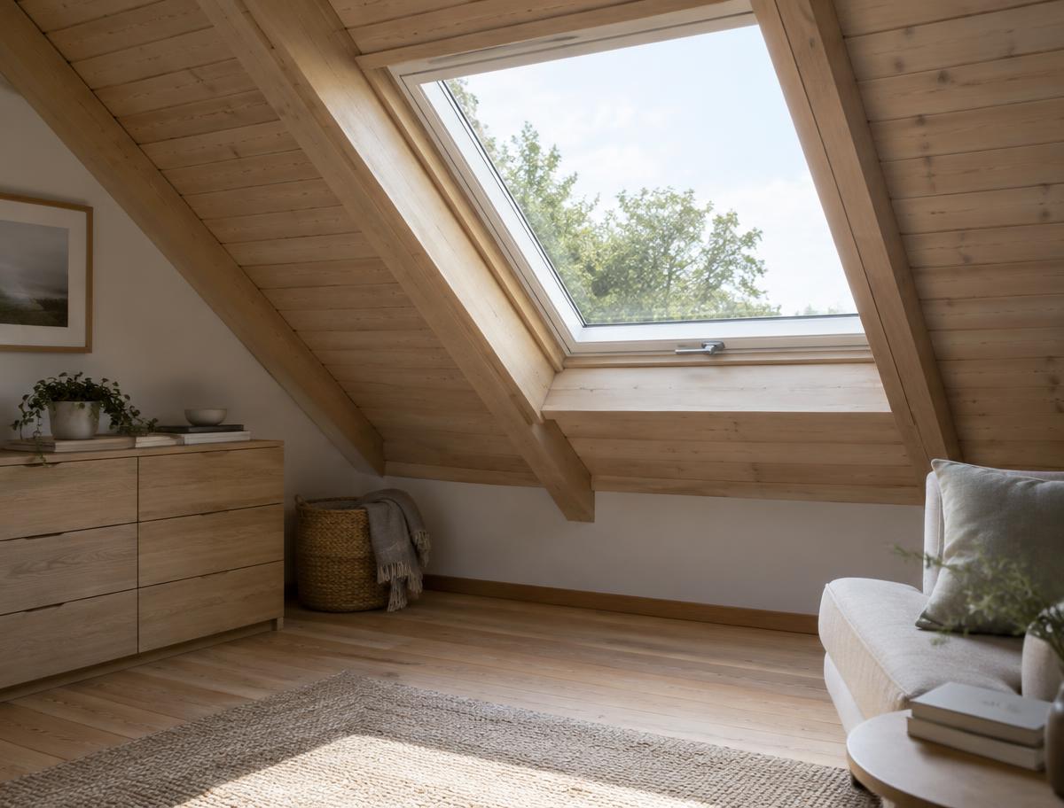 Dachfenster in einem hellen ausgebauten Dachraum