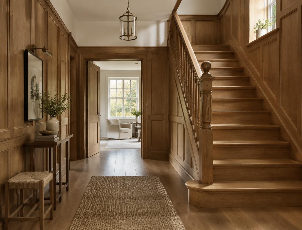 Innenausbau mit Holzvertäfelung und Treppe