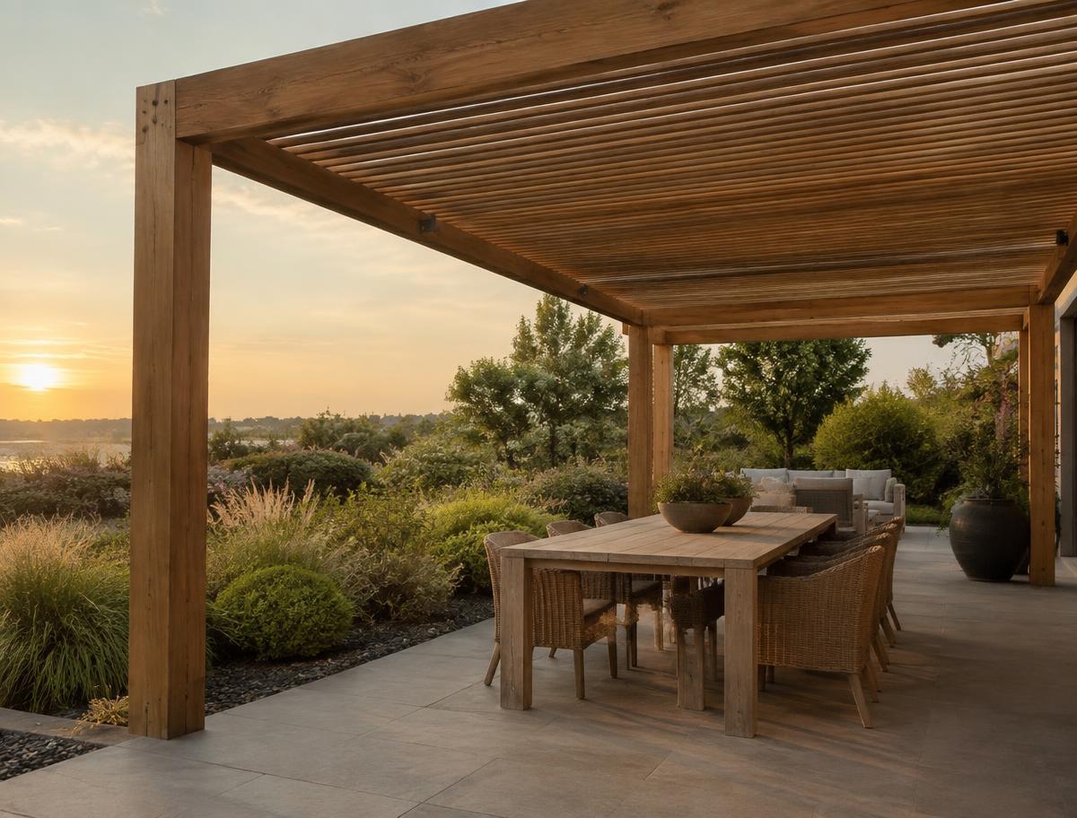 Pergola aus Holz über einer Gartenterrasse