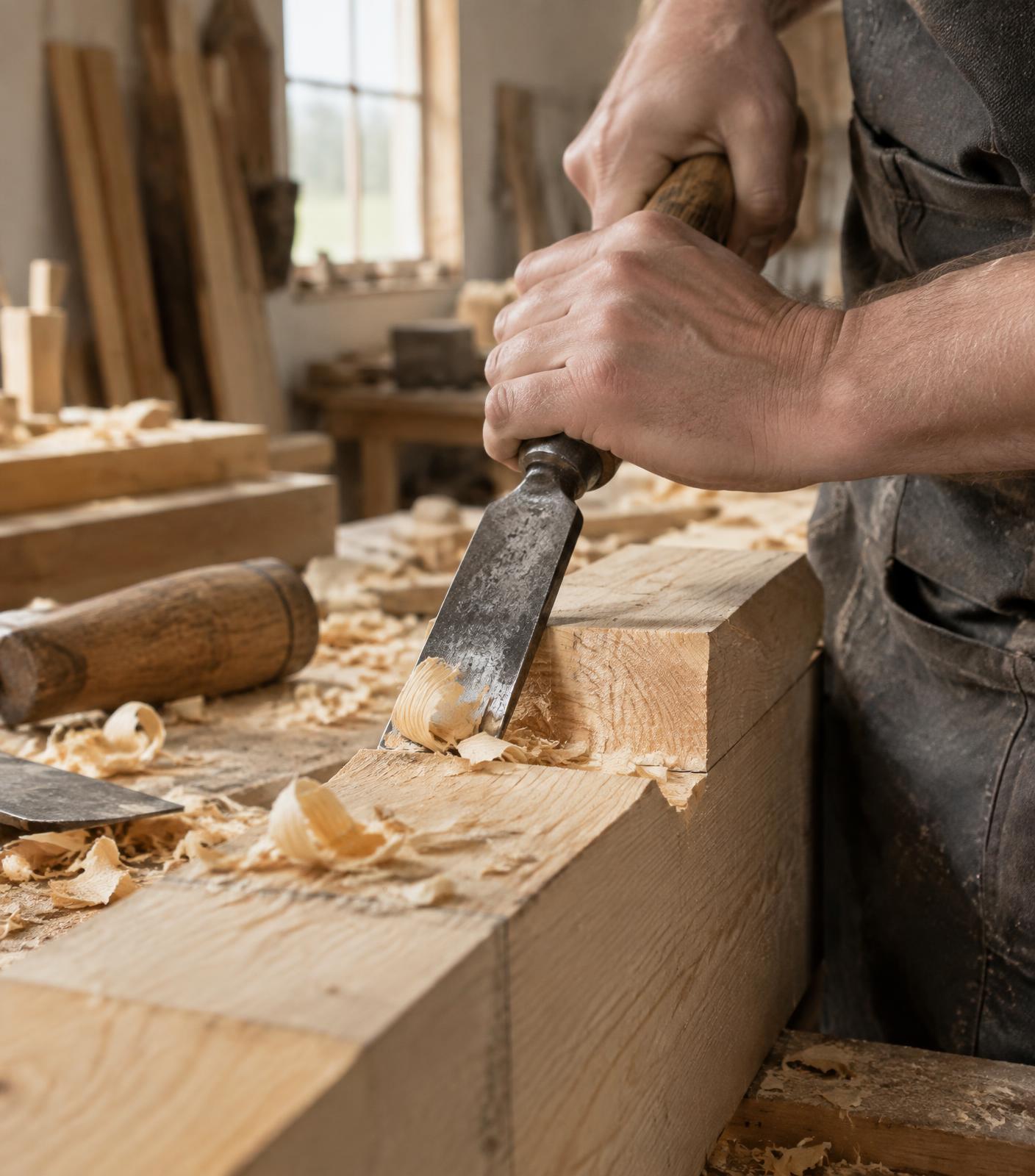 Zimmerer bearbeitet in der Werkstatt einen Holzbalken mit dem Stemmeisen